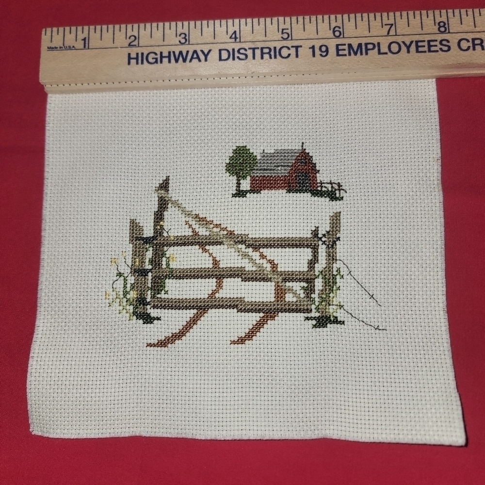 Cross-stitch hand-made "farm scene." Just needs frame.